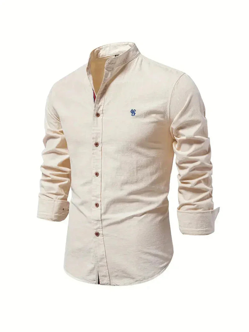 Koszulka Casual Homme - melanż bawełny - Coupe Slim - Col Mandarin - Manches Longues