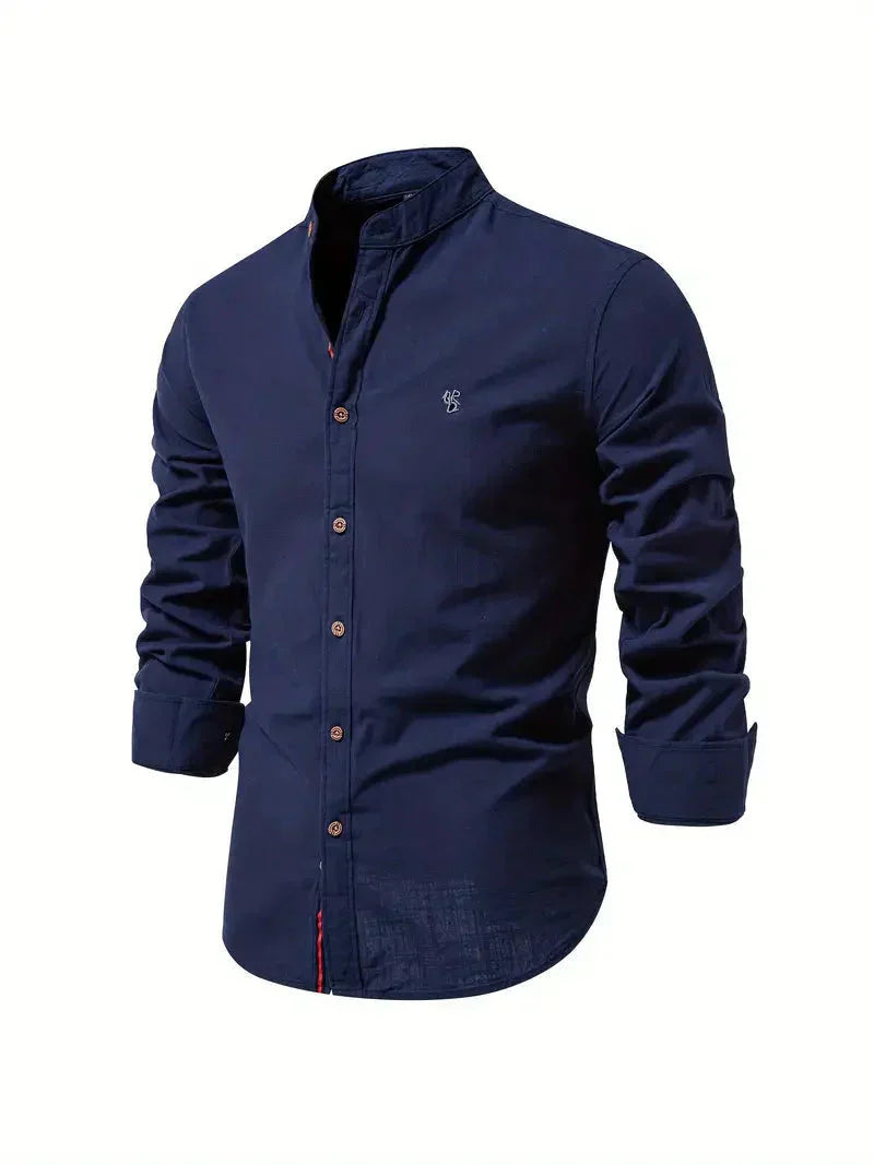 Koszulka Casual Homme - melanż bawełny - Coupe Slim - Col Mandarin - Manches Longues