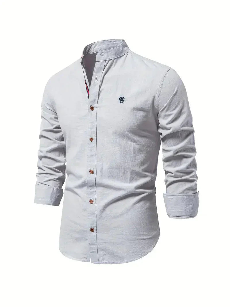 Koszulka Casual Homme - melanż bawełny - Coupe Slim - Col Mandarin - Manches Longues