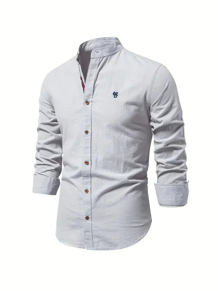 Koszulka Casual Homme - melanż bawełny - Coupe Slim - Col Mandarin - Manches Longues