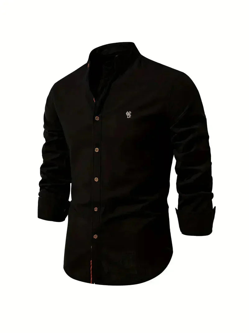 Koszulka Casual Homme - melanż bawełny - Coupe Slim - Col Mandarin - Manches Longues