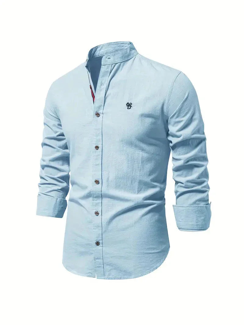 Koszulka Casual Homme - melanż bawełny - Coupe Slim - Col Mandarin - Manches Longues