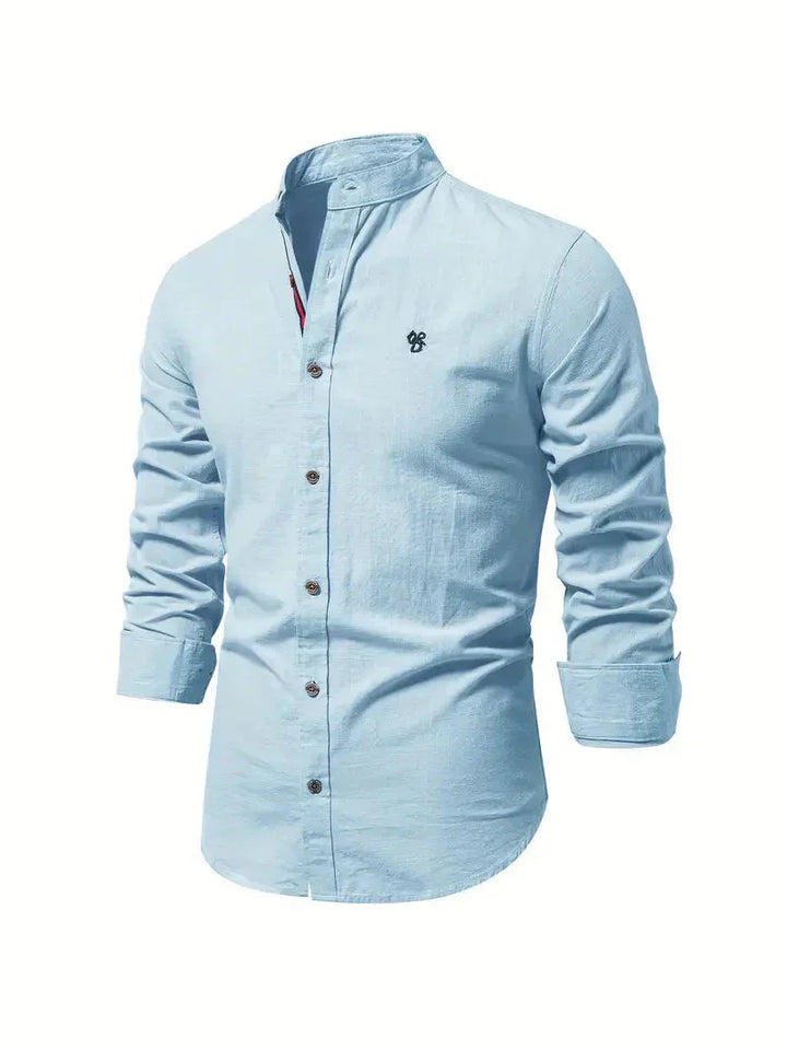 Koszulka Casual Homme - melanż bawełny - Coupe Slim - Col Mandarin - Manches Longues