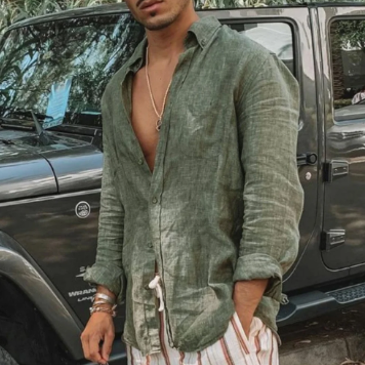 Camicia Uomo in Lino a Maniche Lunghe - Vestibilità Relaxed - Colletto Alto - Abbigliamento Casual Traspirante