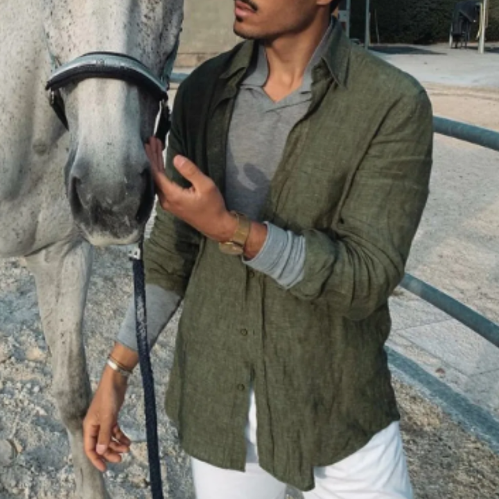 Camicia Uomo in Lino a Maniche Lunghe - Vestibilità Relaxed - Colletto Alto - Abbigliamento Casual Traspirante