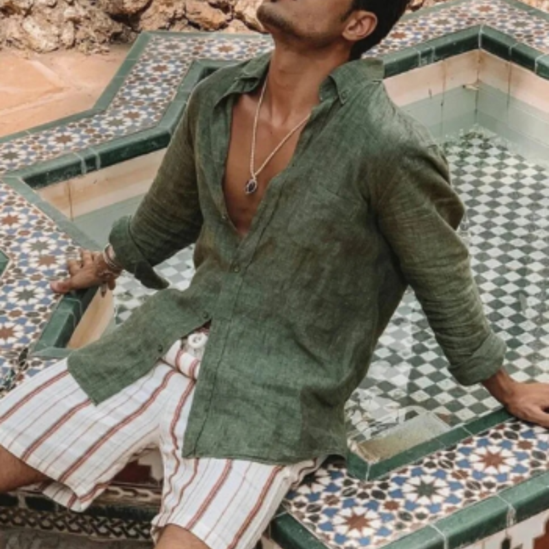 Camicia Uomo in Lino a Maniche Lunghe - Vestibilità Relaxed - Colletto Alto - Abbigliamento Casual Traspirante