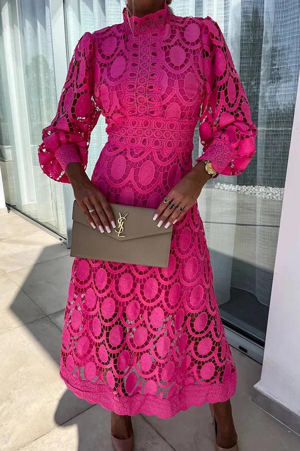 Elegant Lace Cut-Out Midi Dress with Chic Puff Sleeves for Women