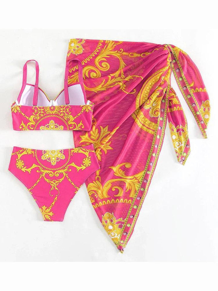 Glamorosa Femme Ensemble de Maillot de Bain Hauts Taille Haute Bohème avec Voile Décoratif