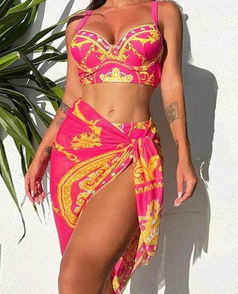 Glamorosa Femme Ensemble de Maillot de Bain Hauts Taille Haute Bohème avec Voile Décoratif