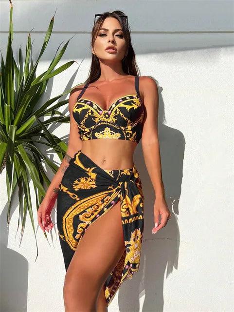 Glamorosa Femme Ensemble de Maillot de Bain Hauts Taille Haute Bohème avec Voile Décoratif