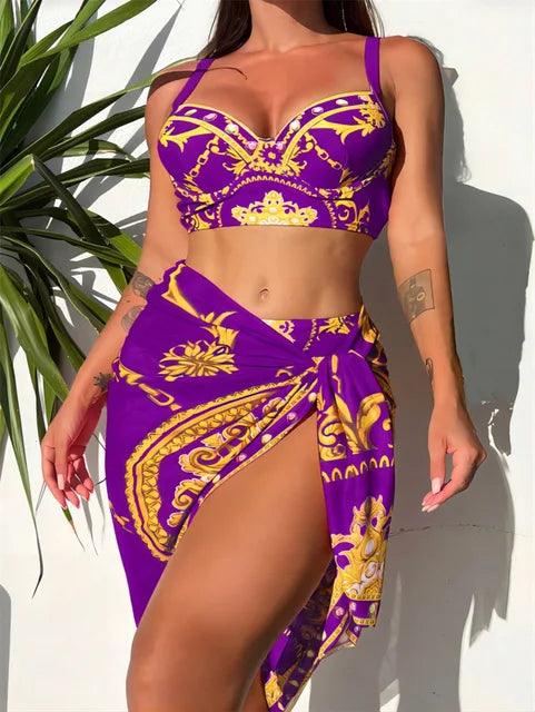 Glamorosa Femme Ensemble de Maillot de Bain Hauts Taille Haute Bohème avec Voile Décoratif