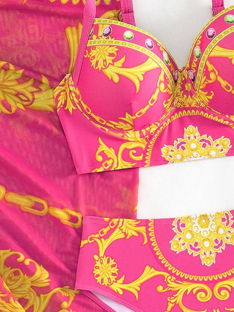 Glamorosa Femme Ensemble de Maillot de Bain Hauts Taille Haute Bohème avec Voile Décoratif