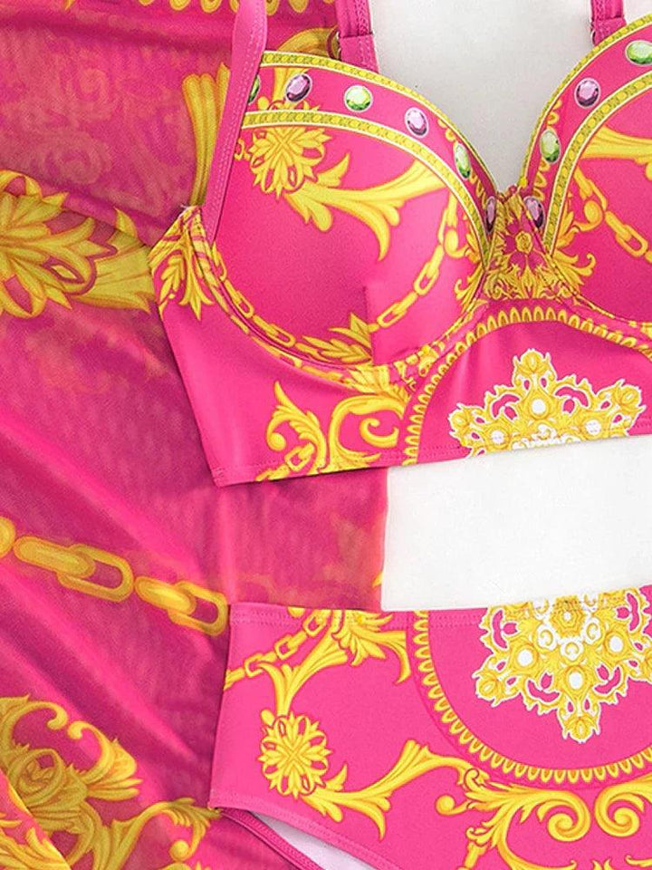Glamorosa Femme Ensemble de Maillot de Bain Hauts Taille Haute Bohème avec Voile Décoratif