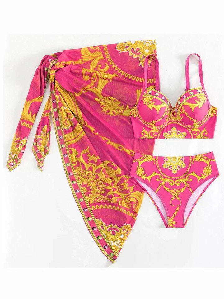 Glamorosa Femme Ensemble de Maillot de Bain Hauts Taille Haute Bohème avec Voile Décoratif
