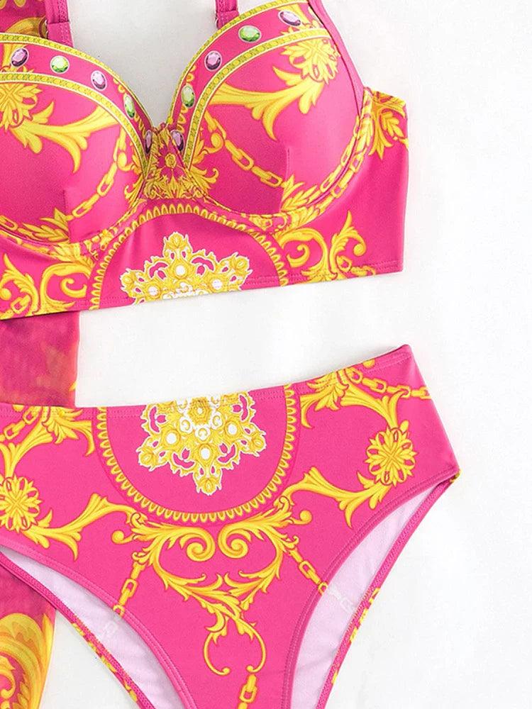 Glamorosa Femme Ensemble de Maillot de Bain Hauts Taille Haute Bohème avec Voile Décoratif