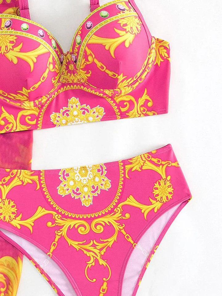 Glamorosa Femme Ensemble de Maillot de Bain Hauts Taille Haute Bohème avec Voile Décoratif