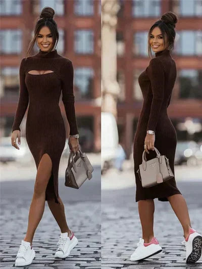 Elegant Women's Bodycon Midi Dress with Ribbed Knit, High Neck Cutout, Long Sleeves and Side Slit