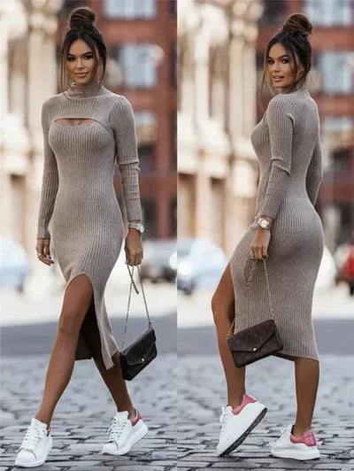 Elegant Women's Bodycon Midi Dress with Ribbed Knit, High Neck Cutout, Long Sleeves and Side Slit