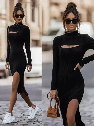Elegant Women's Bodycon Midi Dress with Ribbed Knit, High Neck Cutout, Long Sleeves and Side Slit
