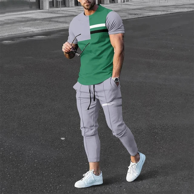 Zestaw dwóch rzeczy dla mężczyzn: t-shirt z długimi rękawami i spodnie z paskiem w atrakcyjnym kolorze