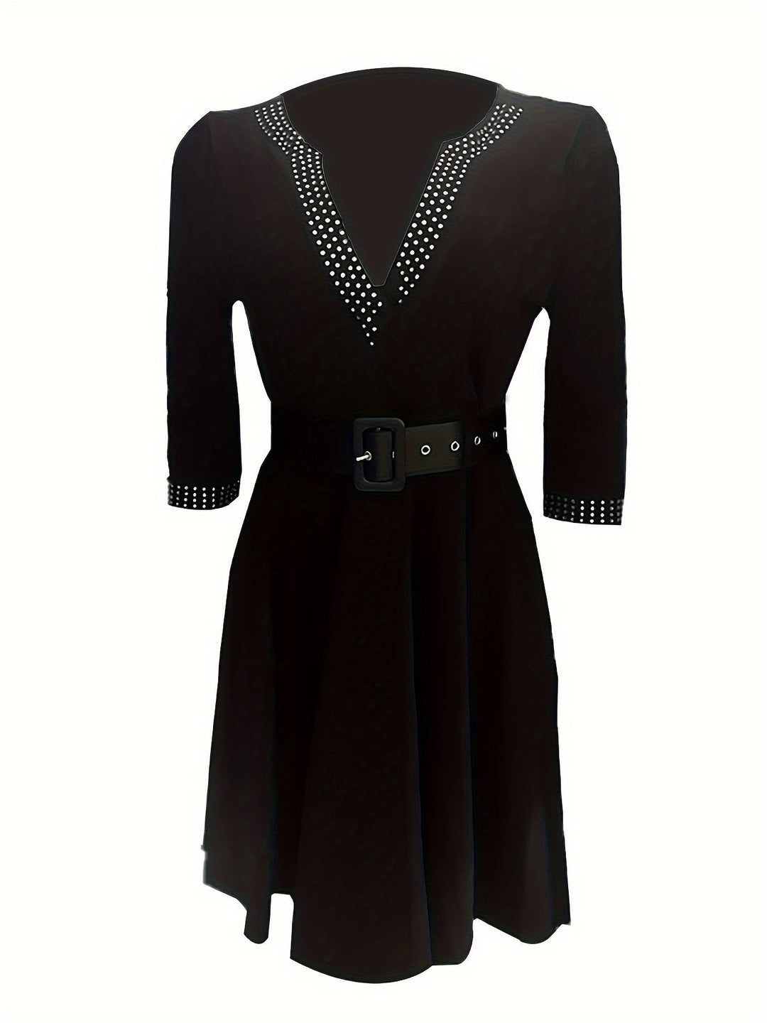 Elegant Women's V-Neck Embellished A-Line Dress with 3/4 Sleeves and Belted Waist