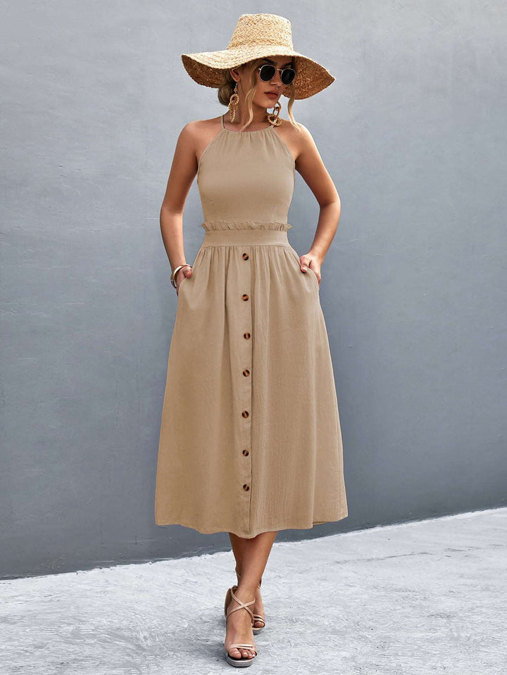 Elegant Women's Halter Neck Midi Dress with Sleeveless Button Front and Flowy A-Line Silhouette
