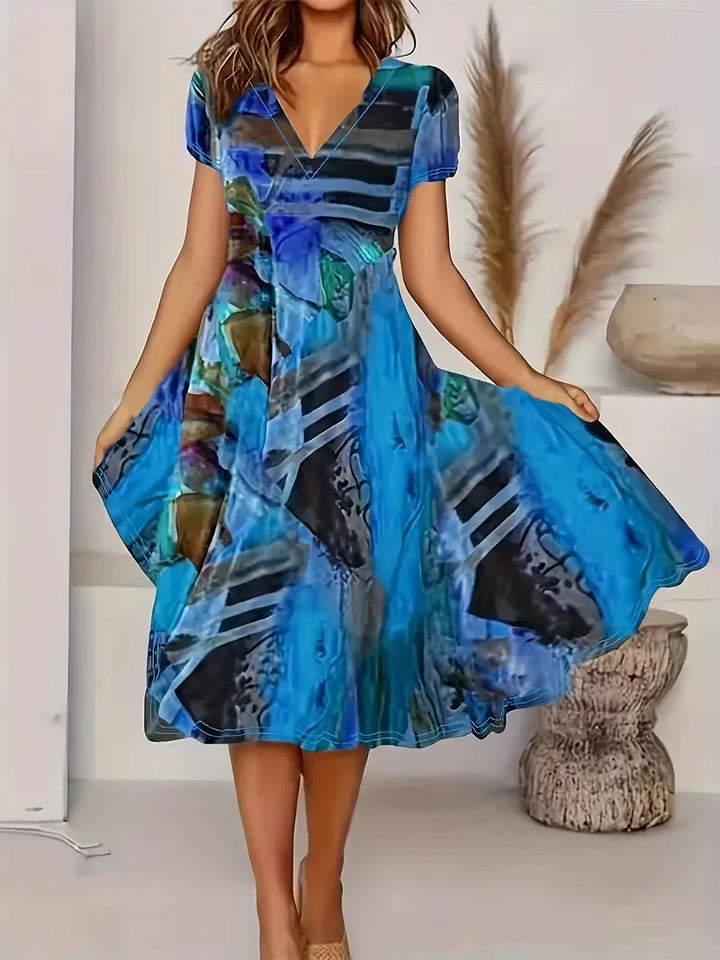 Elegant Women's V-Neck A-Line Dress with Short Puff Sleeves and Stylish Abstract Print Midi Length