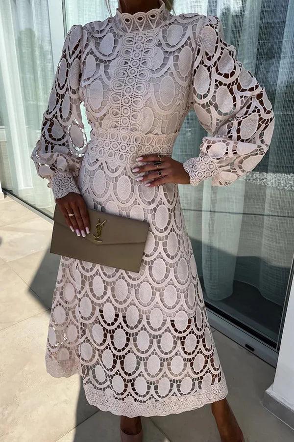 Elegant Lace Cut-Out Midi Dress with Chic Puff Sleeves for Women