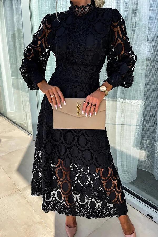 Elegant Lace Cut-Out Midi Dress with Chic Puff Sleeves for Women