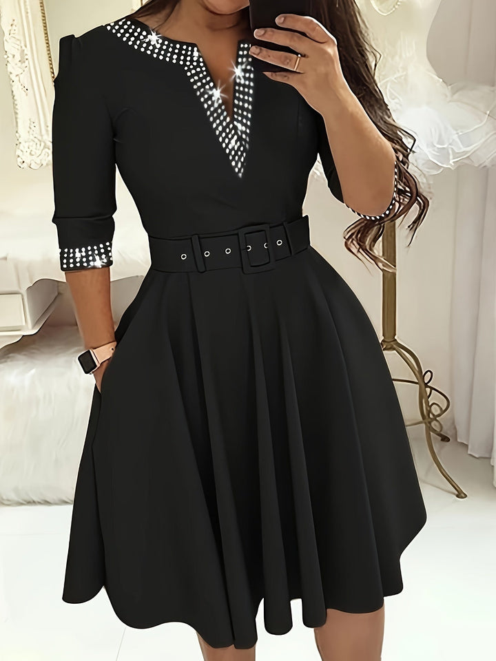 Elegant Women's V-Neck Embellished A-Line Dress with 3/4 Sleeves and Belted Waist