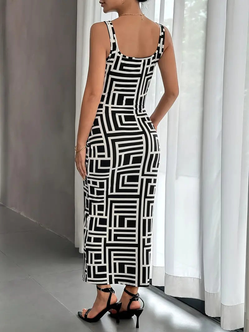 Elegant Women's Bodycon Midi Dress with Square Neck, Sleeveless Design and Modern Geometric Pattern for a Flattering Fit
