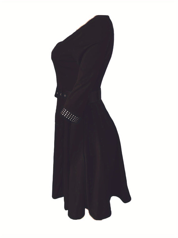 Elegant Women's V-Neck Embellished A-Line Dress with 3/4 Sleeves and Belted Waist