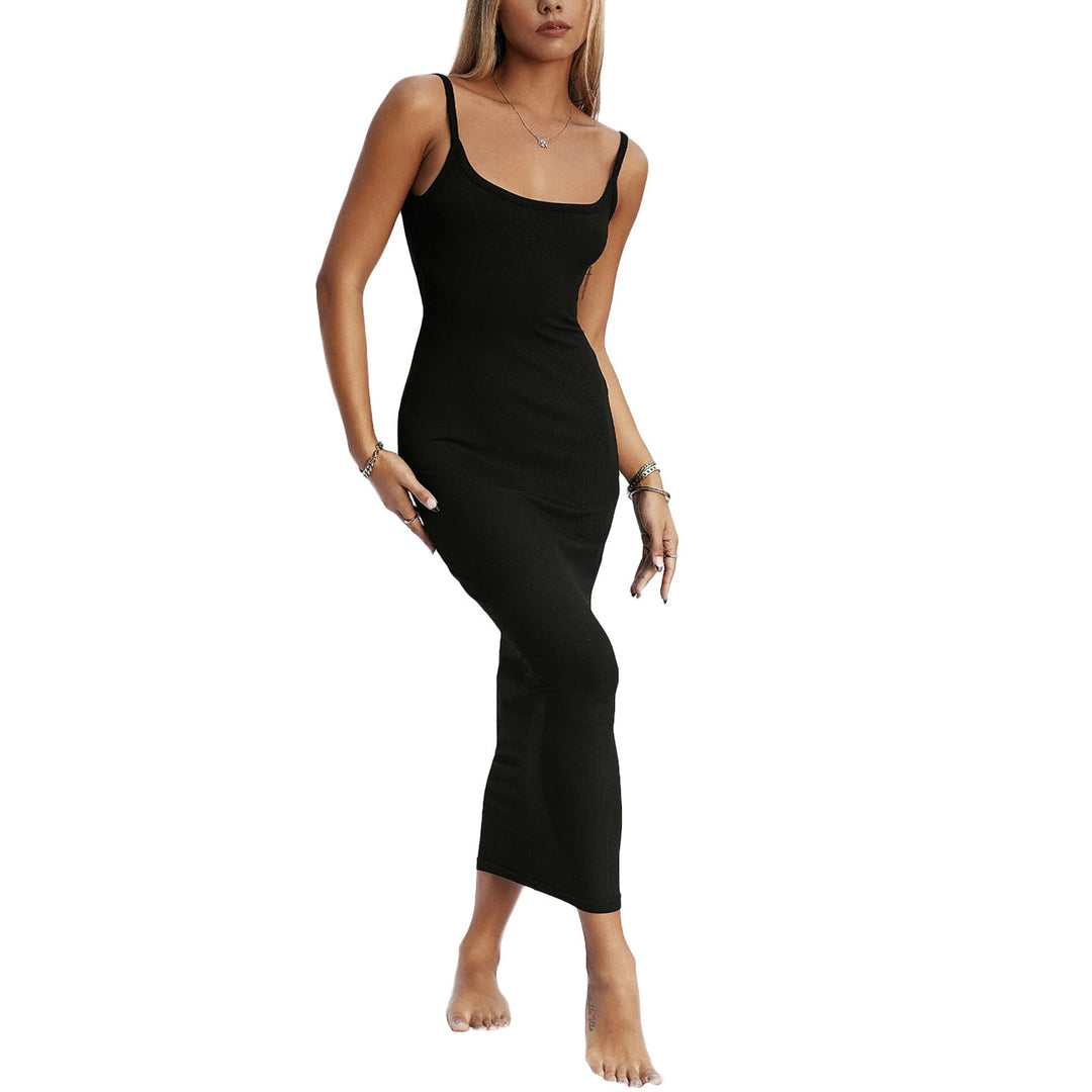 Chic Women’s Knit Midi Dress with Bodycon Fit, Elegant Square Neck and Sleeveless Design