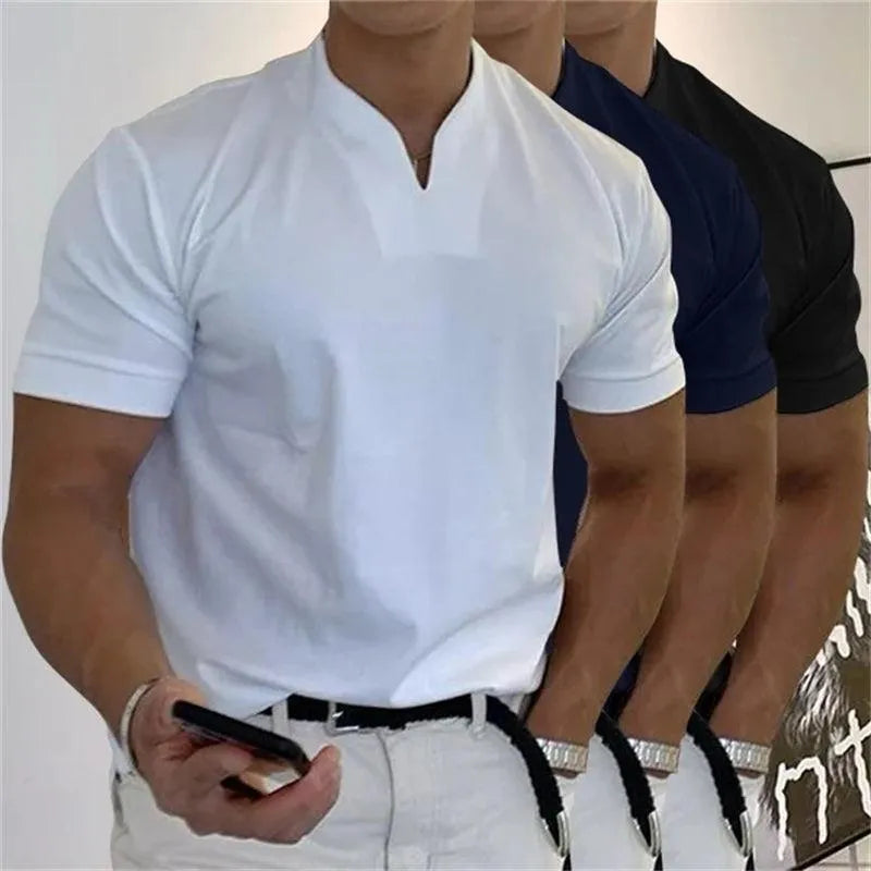 T-Shirt męski z dekoltem w szpic, mankiety na bokach, wąski fason, idealny do swobodnych stylizacji