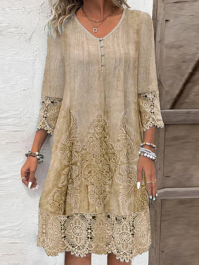 Elegante Damenkleid - Knielang - Drei-Viertel-Ärmel - Spitze und Stickerei - V-Ausschnitt mit Knopfleiste