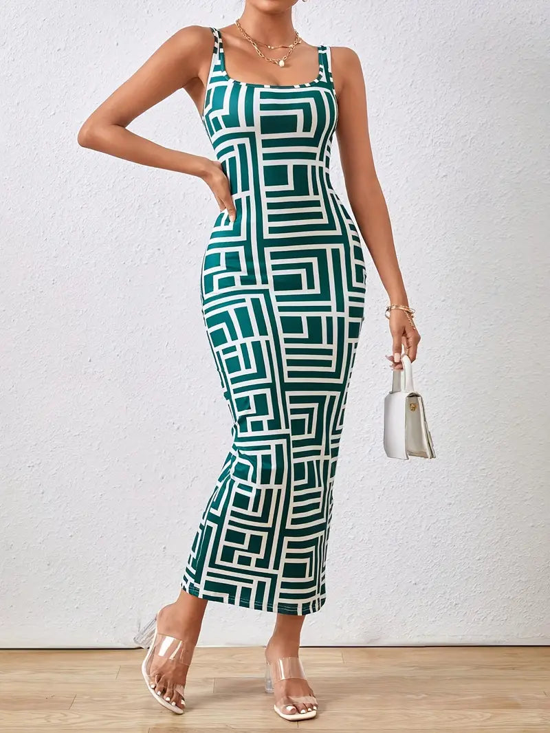 Elegant Women's Bodycon Midi Dress with Square Neck, Sleeveless Design and Modern Geometric Pattern for a Flattering Fit