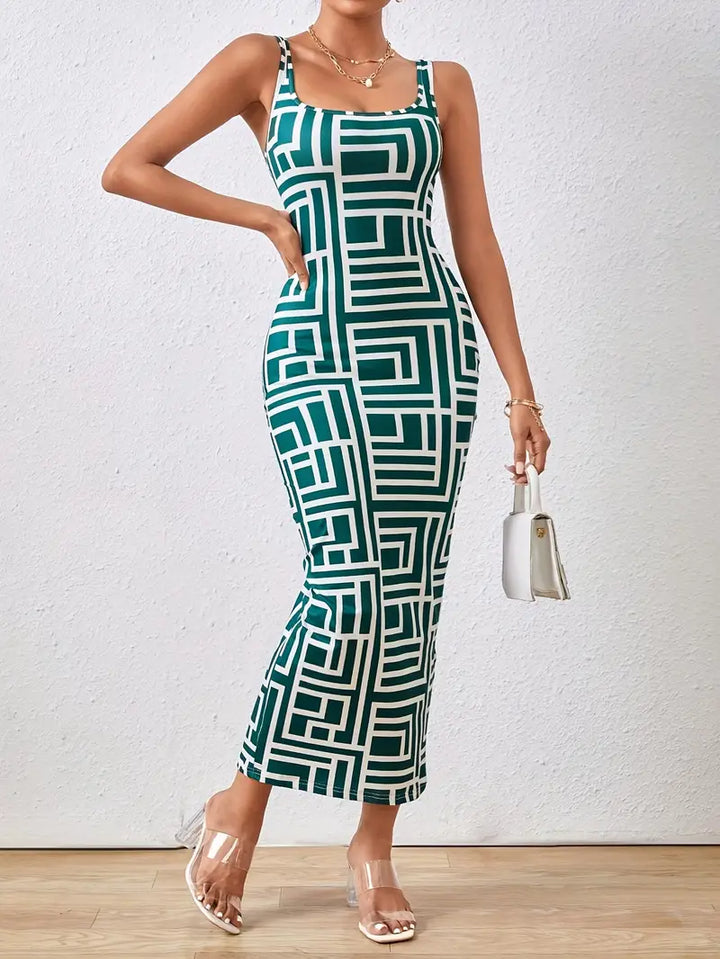 Elegant Women's Bodycon Midi Dress with Square Neck, Sleeveless Design and Modern Geometric Pattern for a Flattering Fit