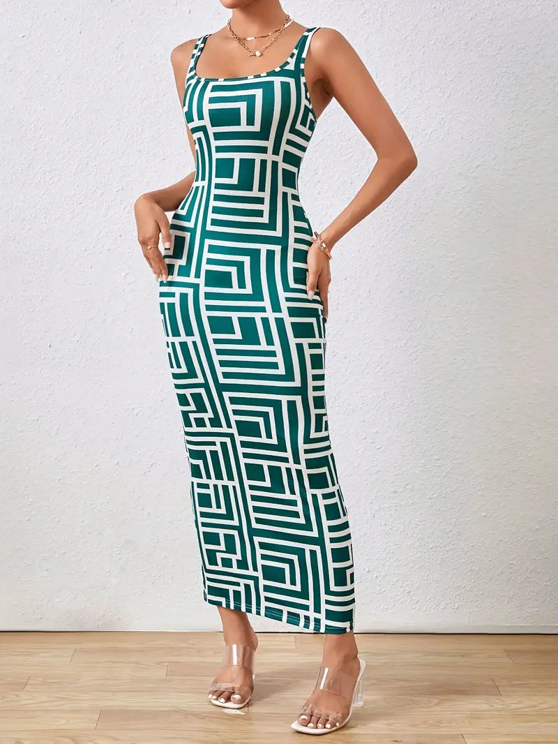Elegant Women's Bodycon Midi Dress with Square Neck, Sleeveless Design and Modern Geometric Pattern for a Flattering Fit
