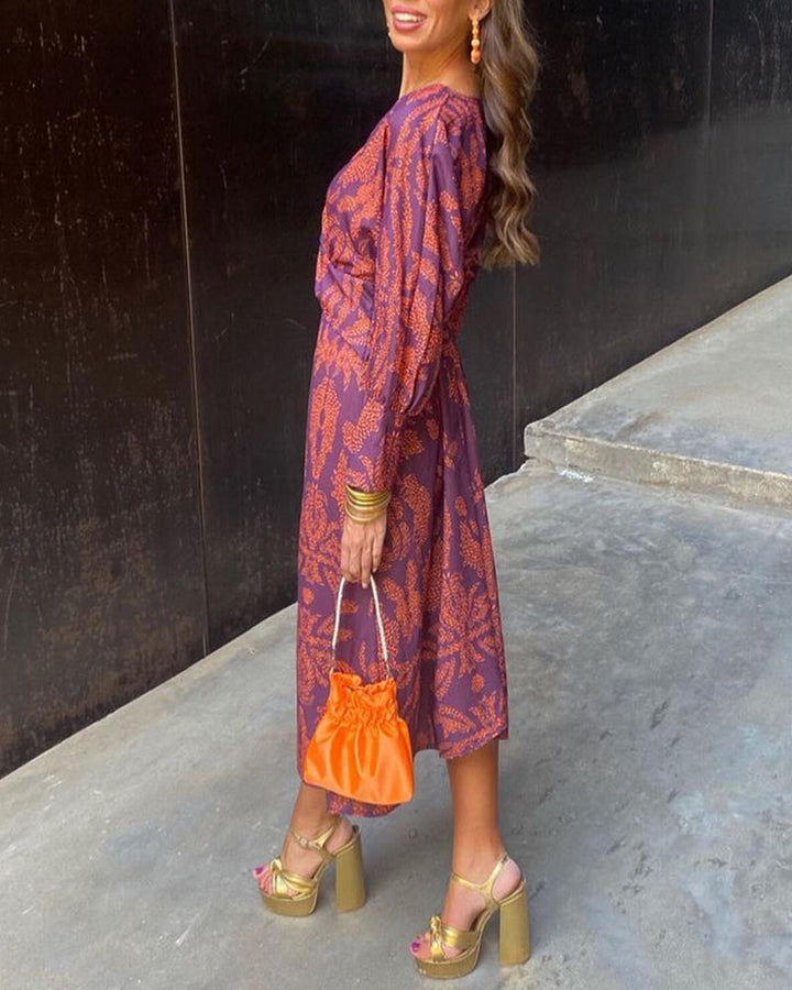 Damska Sukienka Kopertowa z Dekoltem V i Długim Rękawem – Fioletowy