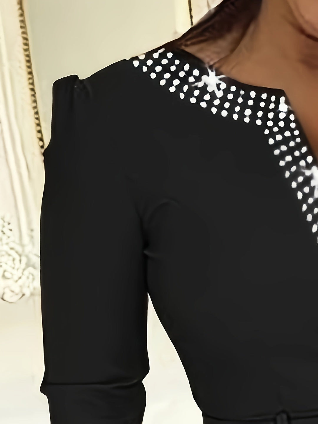 Elegant Women's V-Neck Embellished A-Line Dress with 3/4 Sleeves and Belted Waist