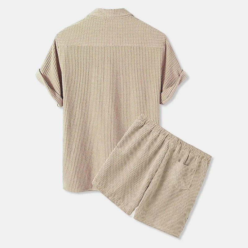 Komplet koszulka i szorty z weluru dla mężczyzn - Manches Courtes - Boutons - Taille Élastique - Vêtements Décontractés