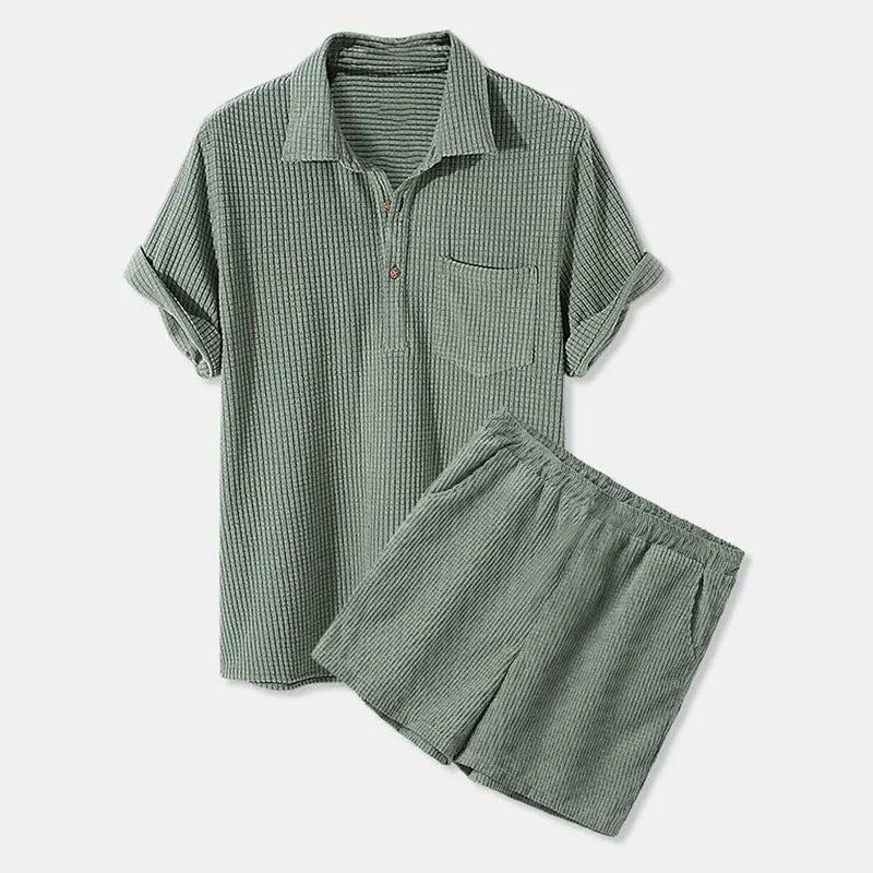 Komplet koszulka i szorty z weluru dla mężczyzn - Manches Courtes - Boutons - Taille Élastique - Vêtements Décontractés