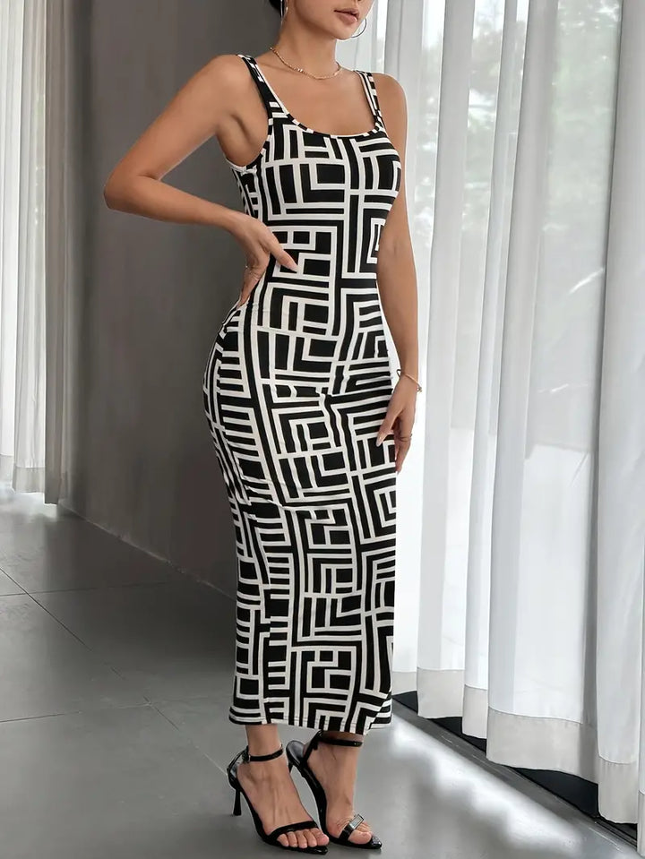 Elegant Women's Bodycon Midi Dress with Square Neck, Sleeveless Design and Modern Geometric Pattern for a Flattering Fit