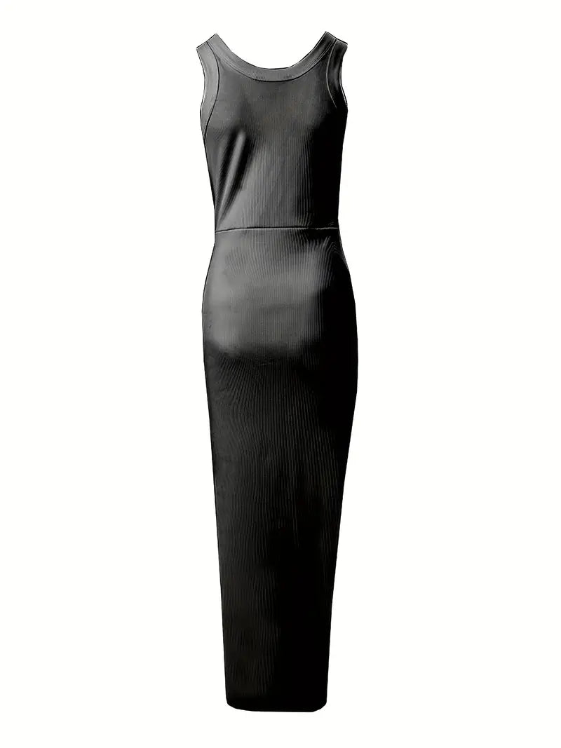 Elegancka satynowa damska sukienka bodycon z dekoltem bez rękawów i wysokim rozcięciem