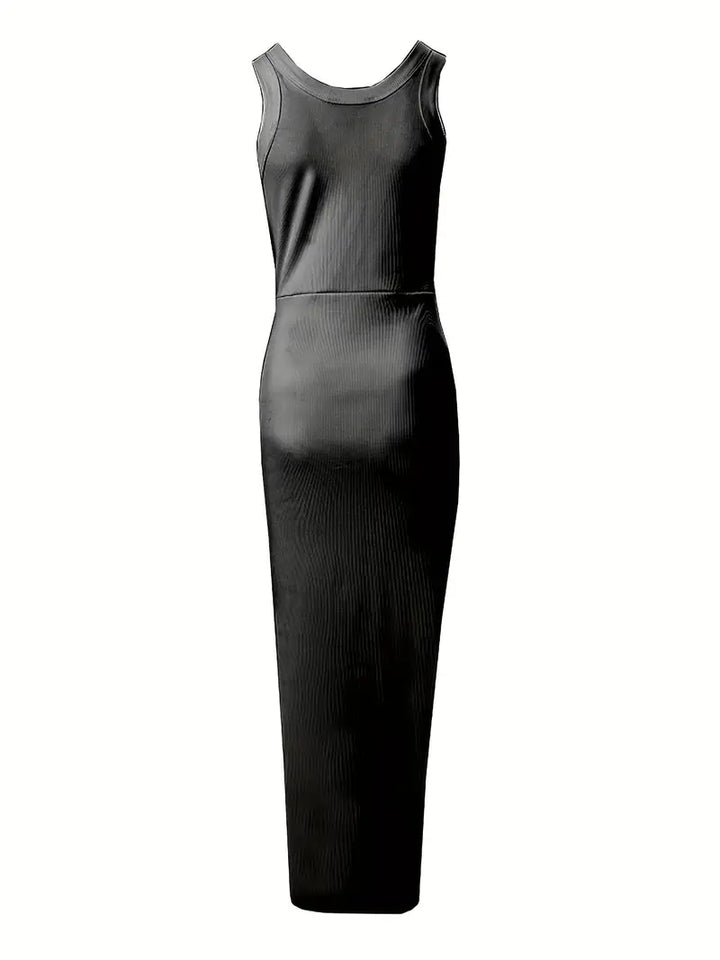 Elegancka satynowa damska sukienka bodycon z dekoltem bez rękawów i wysokim rozcięciem
