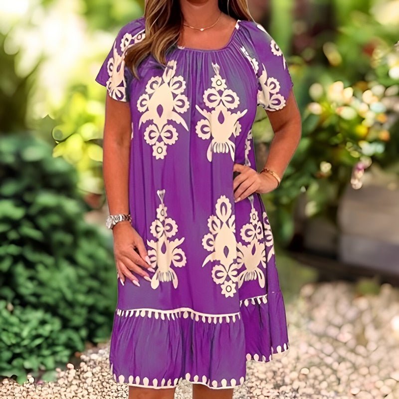 Elegant Women's Knee-Length Dress with Short Sleeves and Loose Fit Featuring Beautiful Pattern