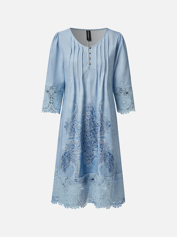 Elegante Damenkleid - Knielang - Drei-Viertel-Ärmel - Spitze und Stickerei - V-Ausschnitt mit Knopfleiste