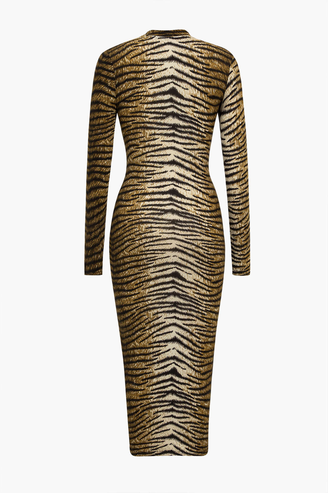 Gesamtkörperbetonter Damen-Midi-Kleid mit langen Ärmeln, hohem Kragen und trendigem Animal-Print für einen stilvollen Sitz