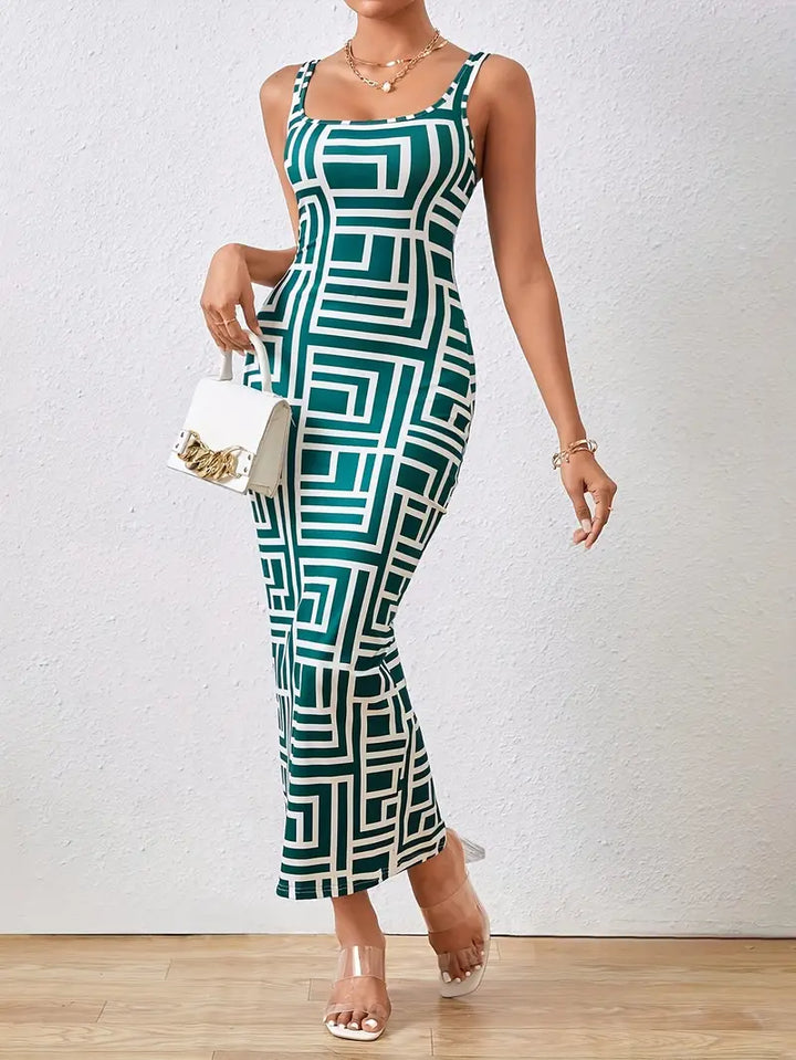 Elegant Women's Bodycon Midi Dress with Square Neck, Sleeveless Design and Modern Geometric Pattern for a Flattering Fit