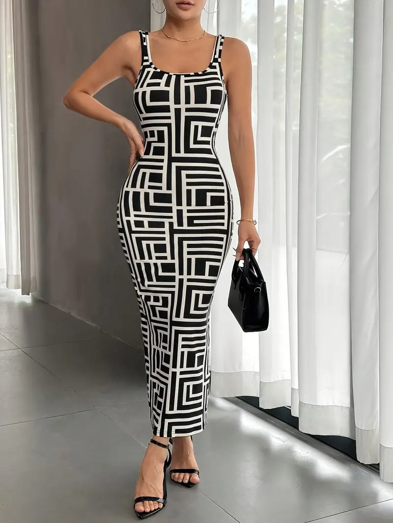 Elegant Women's Bodycon Midi Dress with Square Neck, Sleeveless Design and Modern Geometric Pattern for a Flattering Fit